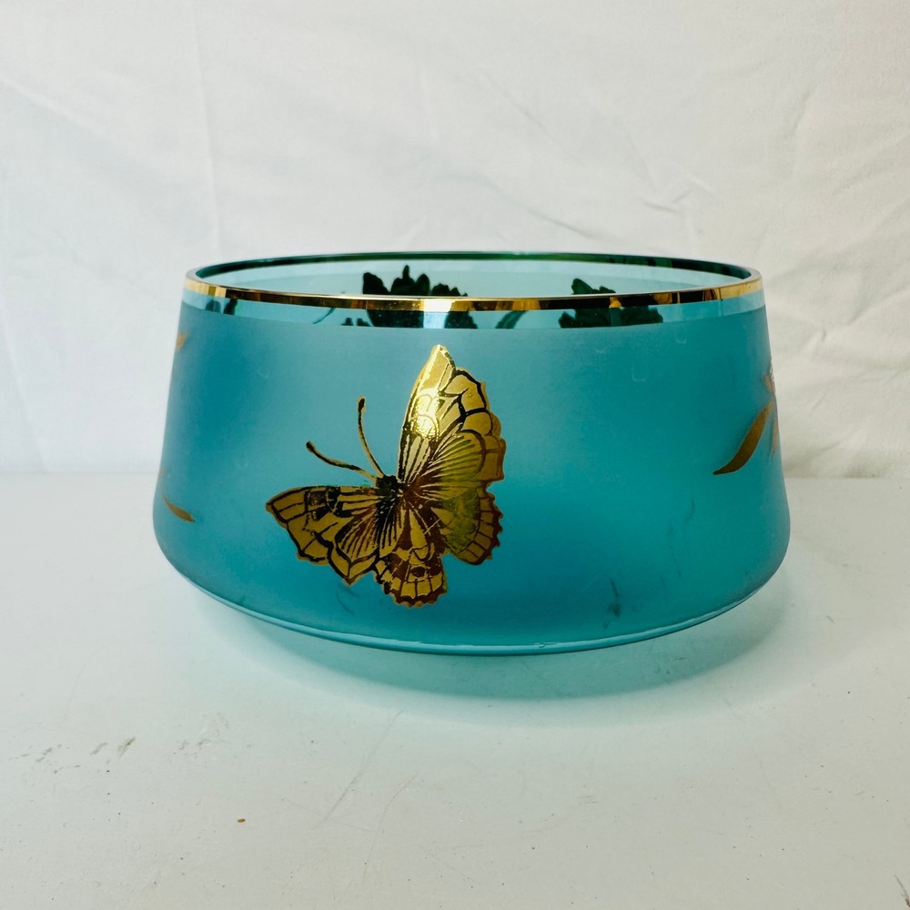 CZECH BOHEMIAN CRYSTAL AQUA BLUE BOWL FROSTED W/ GOLD FLOWERS & BUTTERFLY